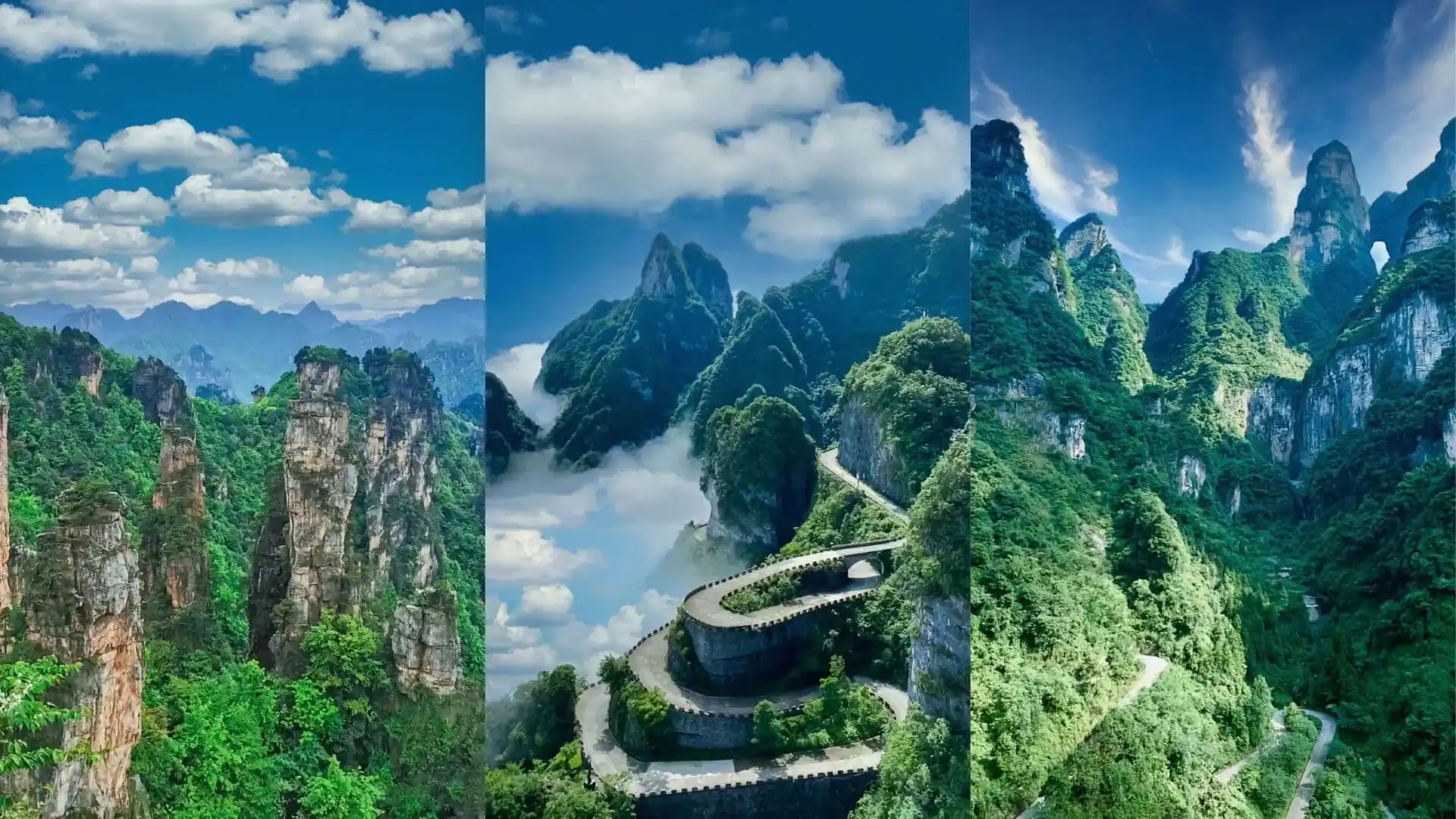 Tianmen Mountain, Zhangjiajie, hunan, china, chinatrip, Panoramic view of tall karst mountains with a winding road along the cliff under a blue sky with clouds.