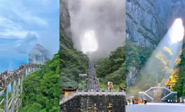 Tianmen Mountain, Zhangjiajie, hunan, china, chinatrip, Triptych collage of a mountain tourist site: left panel shows a wooden walkway along a cliff with visitors; middle panel features a misty gorge with a steep escalator; right panel reveals a sunlit rock arch and stairway through a canyon.