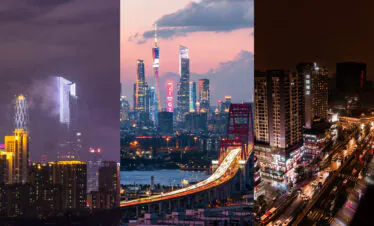 guangzhou, china, chinatrip, Triptych cityscape: left panel with foggy high-rises, center with colorful illuminated skyscrapers by a river, right panel a busy night-time street scene.