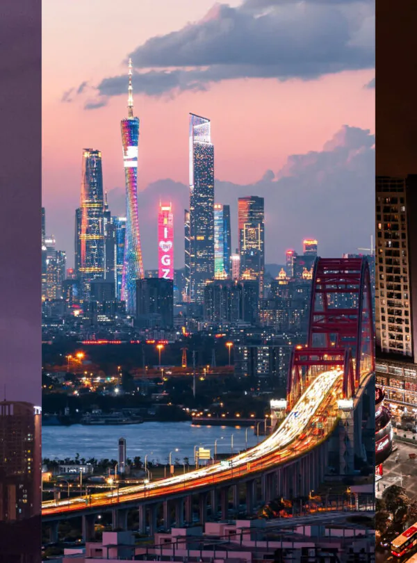 guangzhou, china, chinatrip, Triptych cityscape: left panel with foggy high-rises, center with colorful illuminated skyscrapers by a river, right panel a busy night-time street scene.