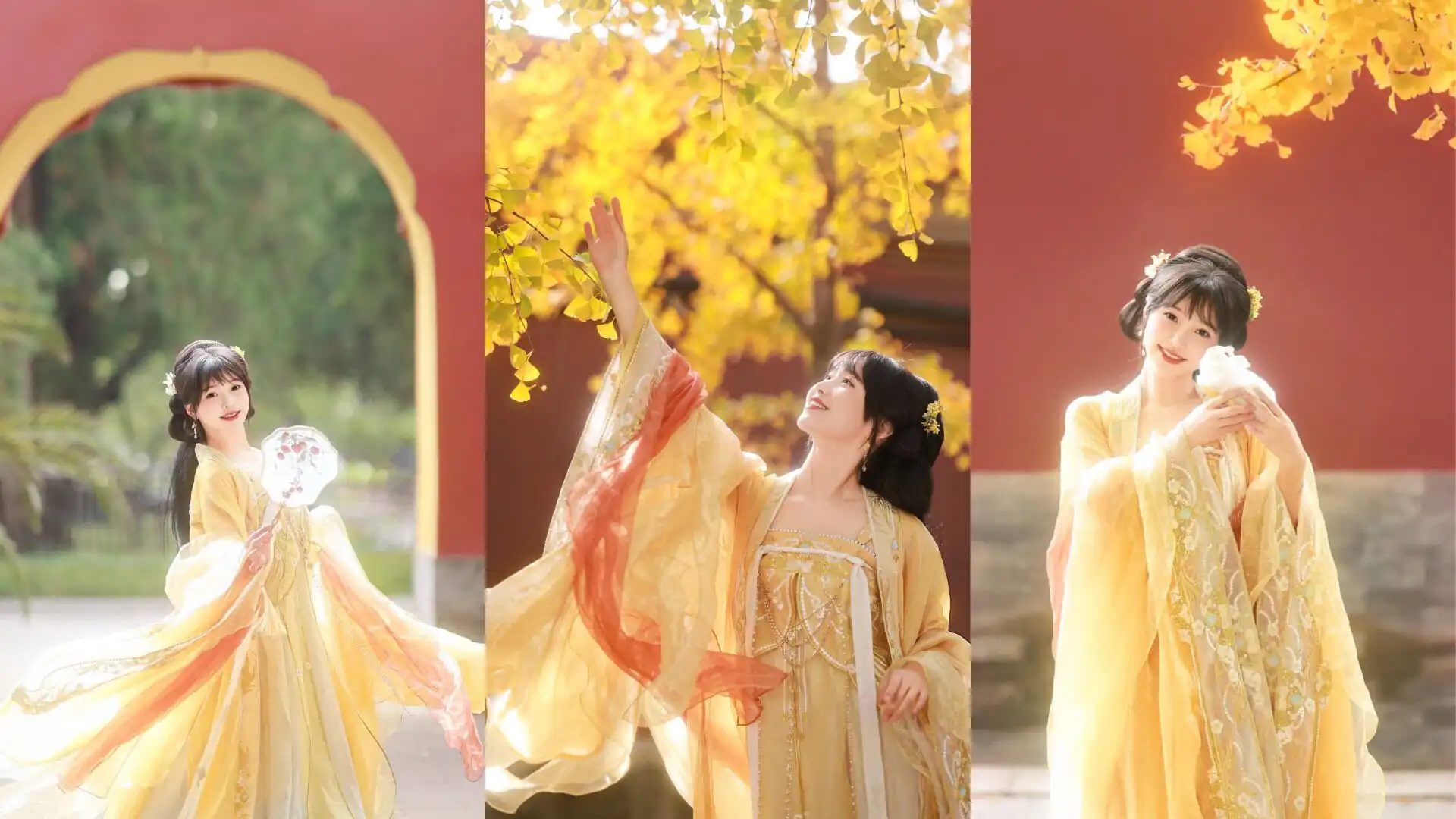 hanfu phototshoot, female, the forbidden city, beijing, china, chinatrip, Three-panel collage of a woman in a flowing yellow traditional dress posing among golden autumn leaves.