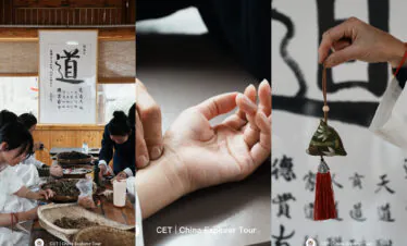 wudang taichi, hubei, china, chinaexplorertour, Collage of a traditional craft workshop with people at a table, a close-up of hands threading thread, and a hand holding a hanging decorative ornament against calligraphy backdrop.
