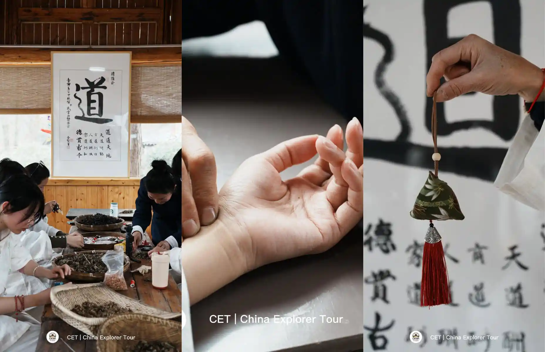 wudang taichi, hubei, china, chinaexplorertour, Collage of a traditional craft workshop with people at a table, a close-up of hands threading thread, and a hand holding a hanging decorative ornament against calligraphy backdrop.