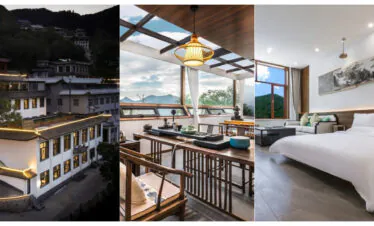 wutai retreat accommodation, chinatrip, Collage of a hillside hotel: exterior at dusk, a wood-beamed balcony dining area, and a bright hotel room with mountain view.