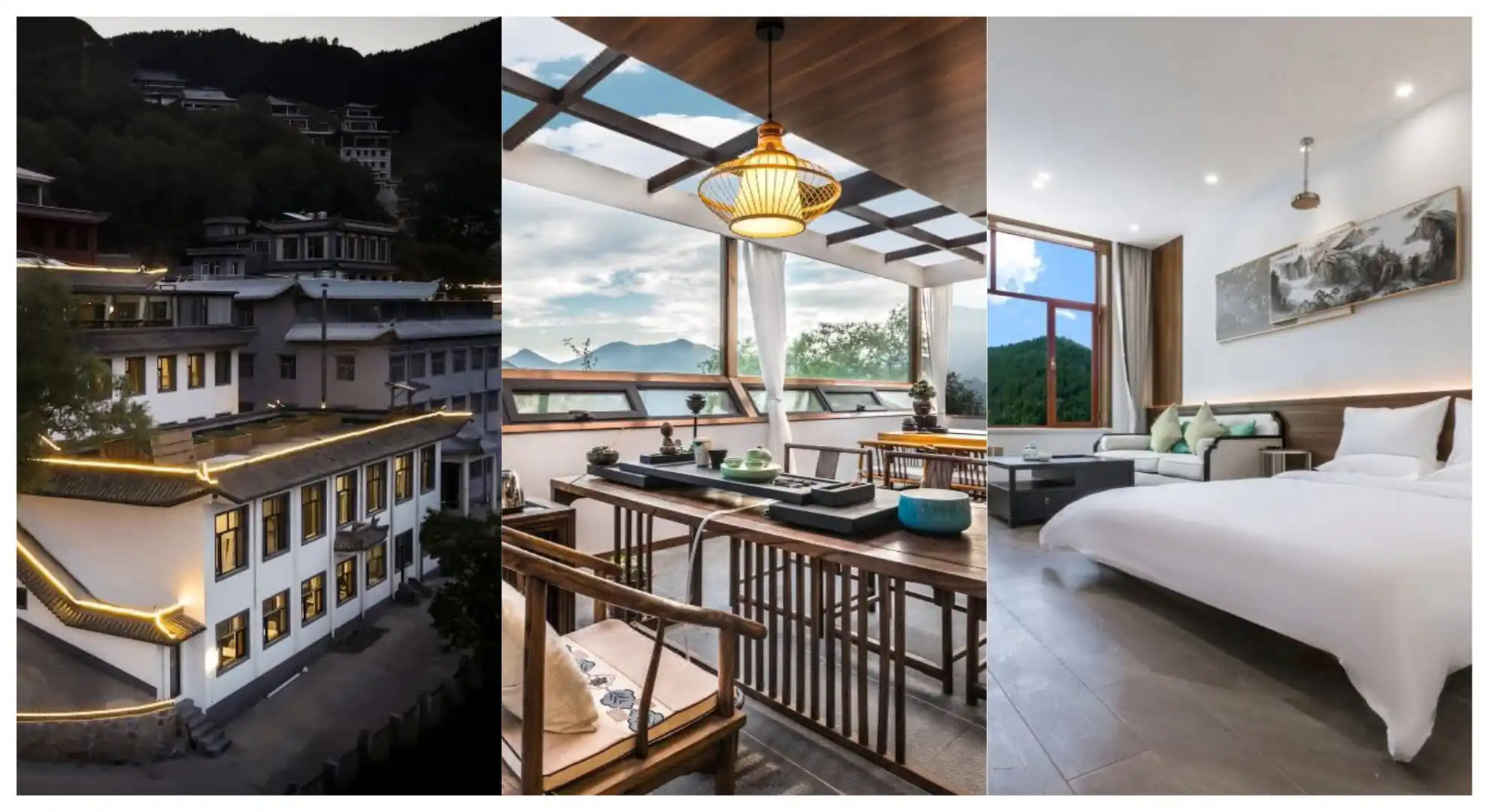 wutai retreat accommodation, chinatrip, Collage of a hillside hotel: exterior at dusk, a wood-beamed balcony dining area, and a bright hotel room with mountain view.