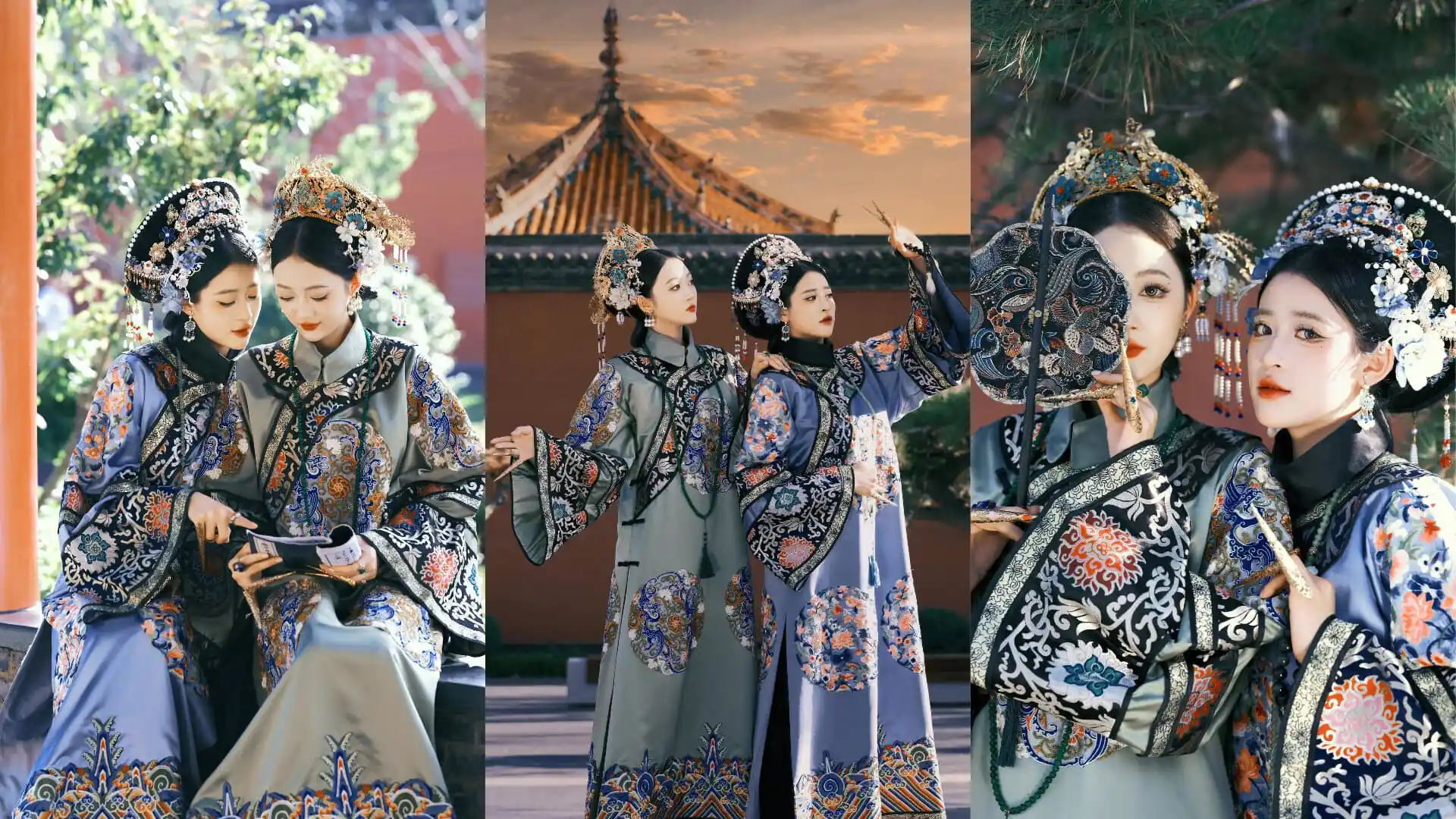 hanfu phototshoot, the forbidden city, beijing, china, chinatrip, Three women in ornate embroidered silk robes with elaborate headdresses posing together in a traditional setting.
