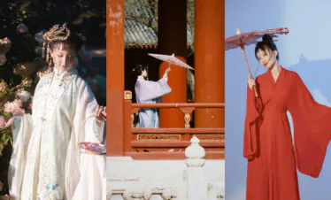 Xi’an Hanfu Photoshoot with Beautiful origami umbrella, chinatrip, Triptych of women in traditional dress: left in pale embroidered robe with a jeweled crown among pink flowers, center in a blue robe by a red temple railing holding a parasol, right in a red kimono with a parasol against a blue sky