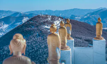 Tayuan Temple, wutai retreat, shanxi, china, china tour, Row of golden Buddha statues on white pedestals overlooking a snow-dusted mountain range under a blue sky.
