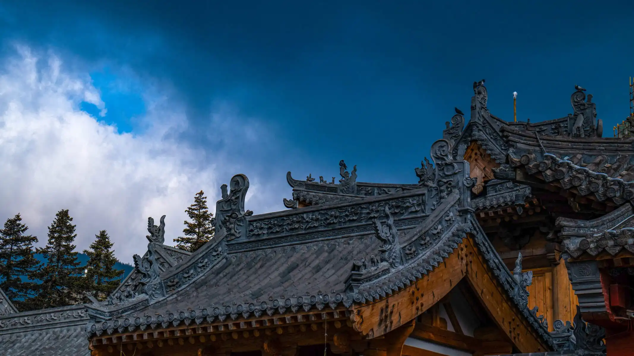 Mount Wutai, shanxi, china, china tour, Ornate Asian temple roof with carved dragons and decorative tiles, blue sky in background.