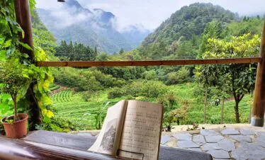 Wudang Mountain Tai Chi Retreat, hubei, china tour, Open book on a wooden ledge with a garden and misty mountains in the distance, creating a peaceful outdoor reading scene.