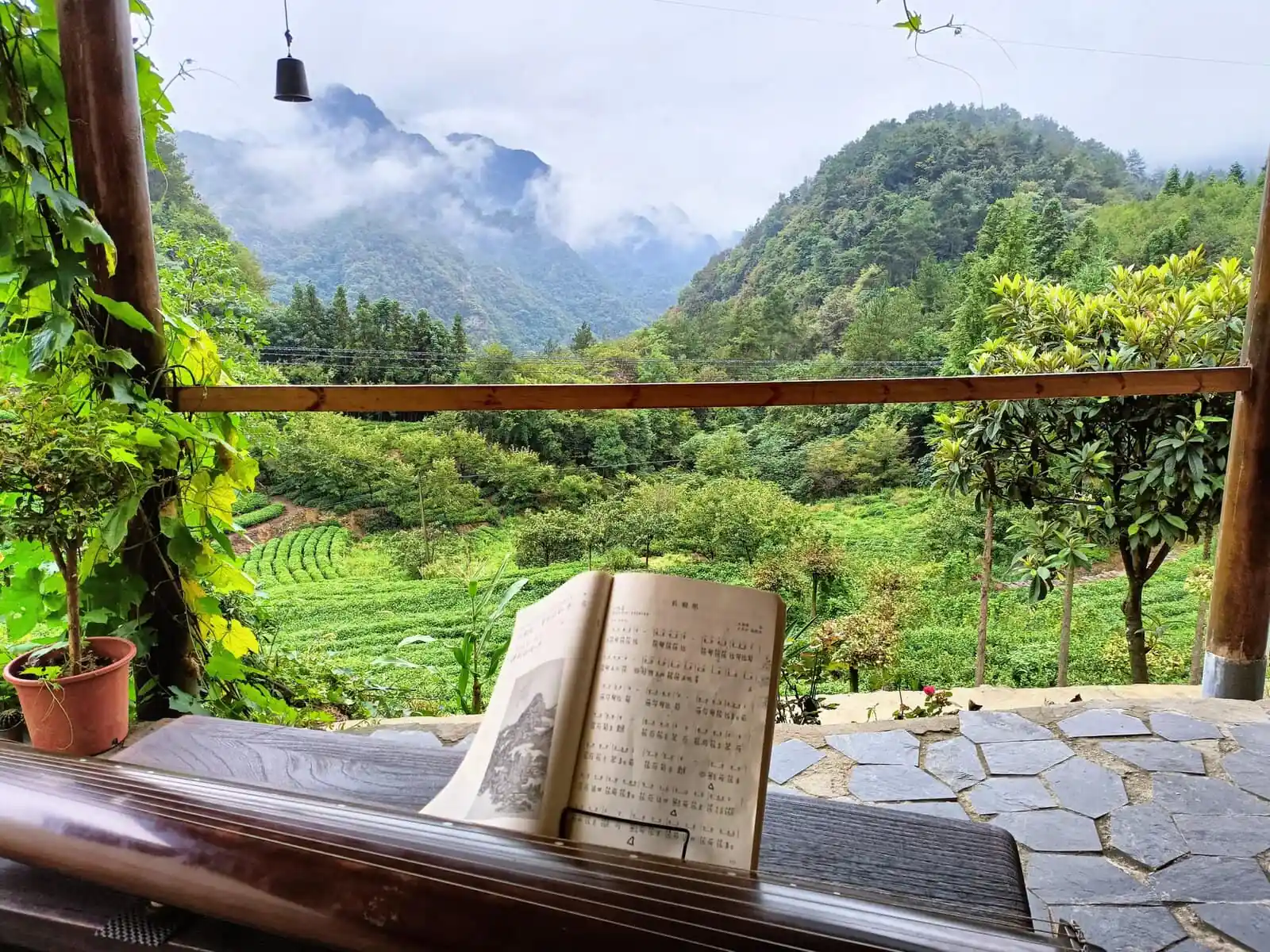 Wudang Mountain Tai Chi Retreat, hubei, china tour, Open book on a wooden ledge with a garden and misty mountains in the distance, creating a peaceful outdoor reading scene.