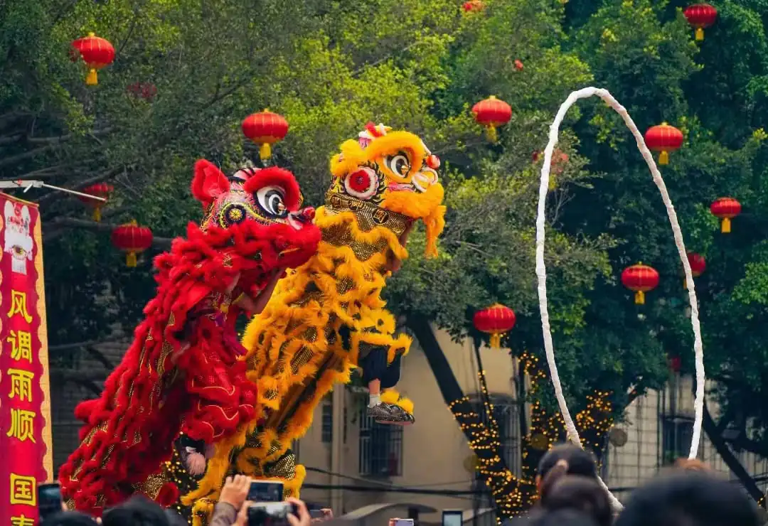 Chinese New Year Adventure jorney, southern china, chinatrip, Two colorful dragon/demon dancers perform a lion-like creature dance with a white hoop in front of a crowd at a festival, red lanterns overhead.