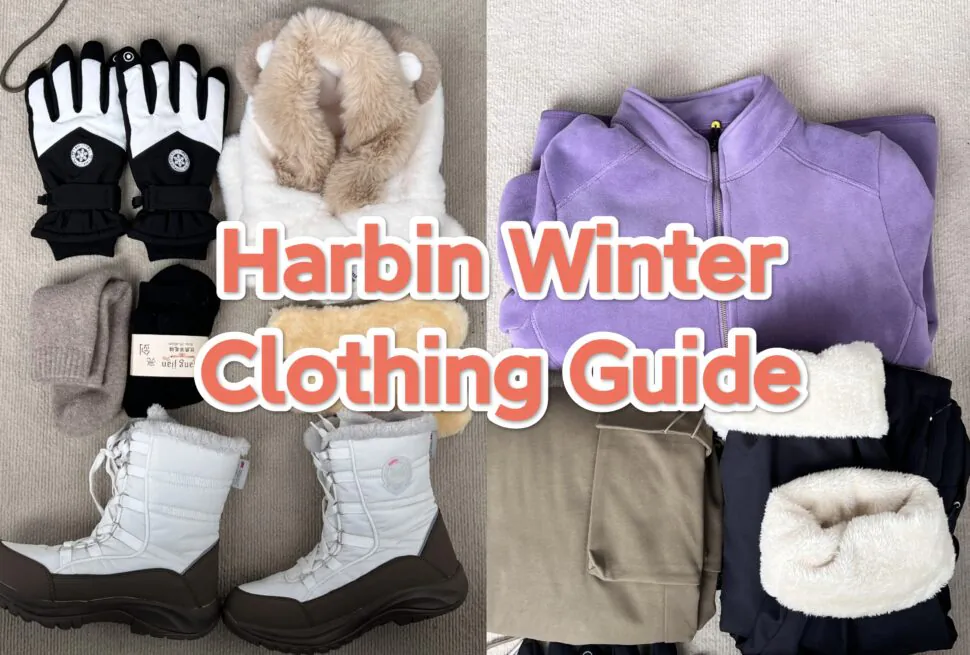Harbin Winter Clothing Ultimate Guide, heilongjiang, china tour, Layout of winter clothing for a Harbin guide: boots, gloves, scarf, hats on the left and a purple jacket on the right with the text 'Harbin Winter Clothing Guide' overlayed