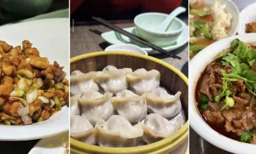 Meals, Beijing, Chinatravel, Left panel: plate of glossy kung pao chicken with onions and green peppers in a brown sauce. Middle panel: steamed dumplings in a bamboo steamer. Right panel: spicy beef hot pot with cilantro and chili oil in a white bowl.