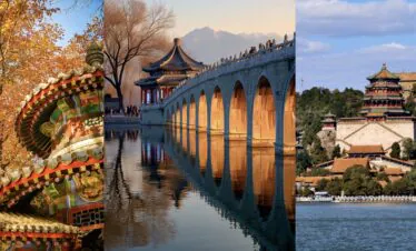 Summer Palace, Beijing, Chinatravel, Triptych of Chinese sights: autumn leaves and ornate temple roof, a long arched bridge over a reflective lake, and a hillside multi-tiered pagoda complex in Beijing.