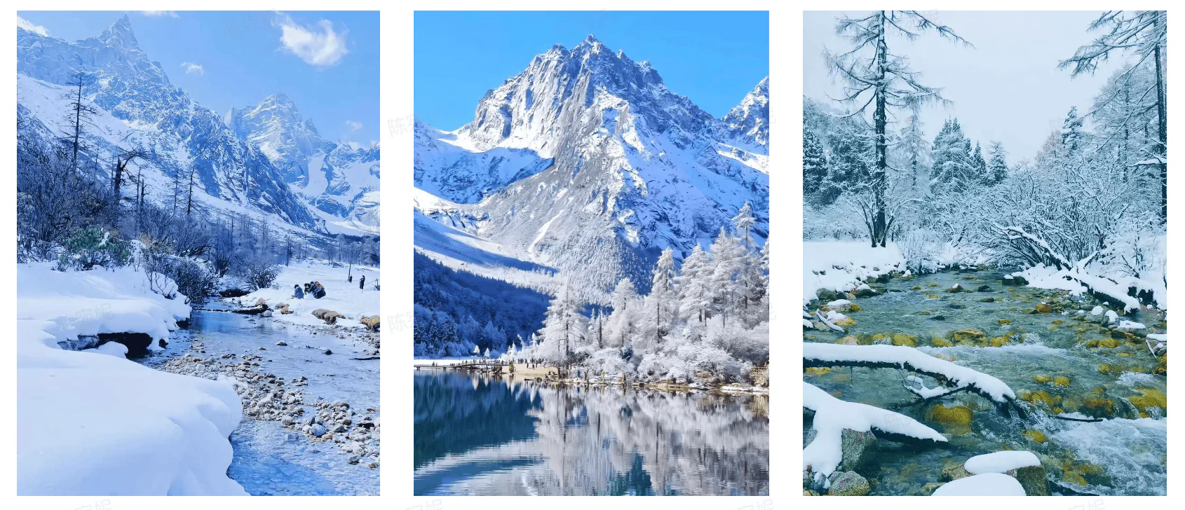 Bipenggou, 3-Days Explore Western Sichuan in Winter- Siguniang Mountain, Bipenggou, and Dagu Glacier, china tour, Triptych of winter landscapes: left panel shows a snow-covered valley with a clear stream and a small group of hikers in the distance among rocky banks and bare trees.