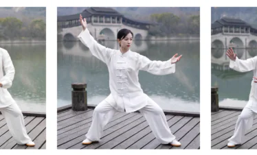 5-Day Wudang Mountain Tai Chi Retreat, hubei, china tour, Woman in a white tai chi uniform performing three tai chi poses on a wooden dock by a calm lake, with a traditional arched bridge in the background.