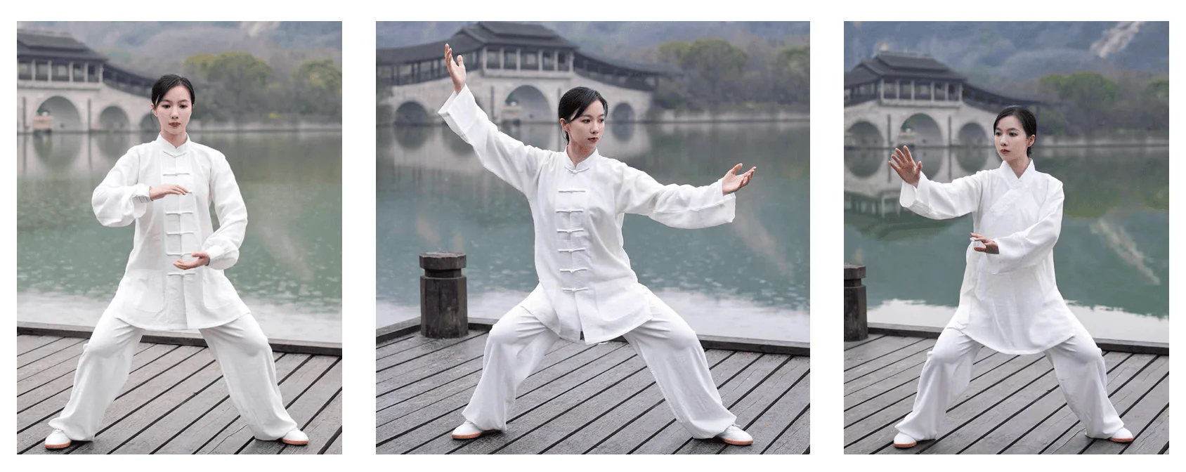 5-Day Wudang Mountain Tai Chi Retreat, hubei, china tour, Woman in a white tai chi uniform performing three tai chi poses on a wooden dock by a calm lake, with a traditional arched bridge in the background.