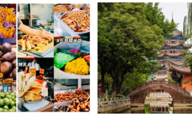 8-Day Yunnan Culinary Cultural Adventure, china, china tour, Colorful collage of street foods and market stalls with Chinese labels on each panel.