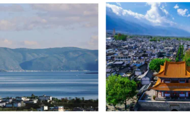 8-Day Yunnan Culinary Cultural Adventure, china, china tour, Two-panel image: left shows a lake with mountains and a town along the shoreline; right shows an aerial view of an orange-roofed temple above a dense townscape.