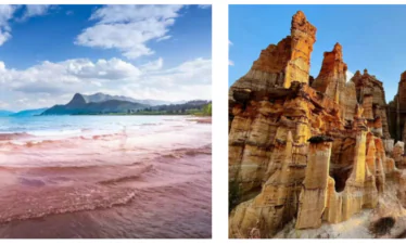 8-Day Yunnan Culinary Cultural Adventure, china, china tour, Pair of landscapes: left shows a pink shoreline with blue water and distant mountains; right features orange hoodoo rock formations in a desert canyon.