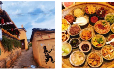 8-Day Yunnan Culinary Cultural Adventure, china, china tour, Triptych: mural street scene on an orange wall, a basket of bowls with various dishes, and sliced roasted meat.