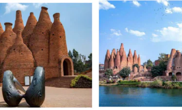 8-Day Yunnan Culinary Cultural Adventure, china, china tour, Pair of red brick cone-shaped structures in a sunny park; left image includes a modern abstract sculpture in the foreground.