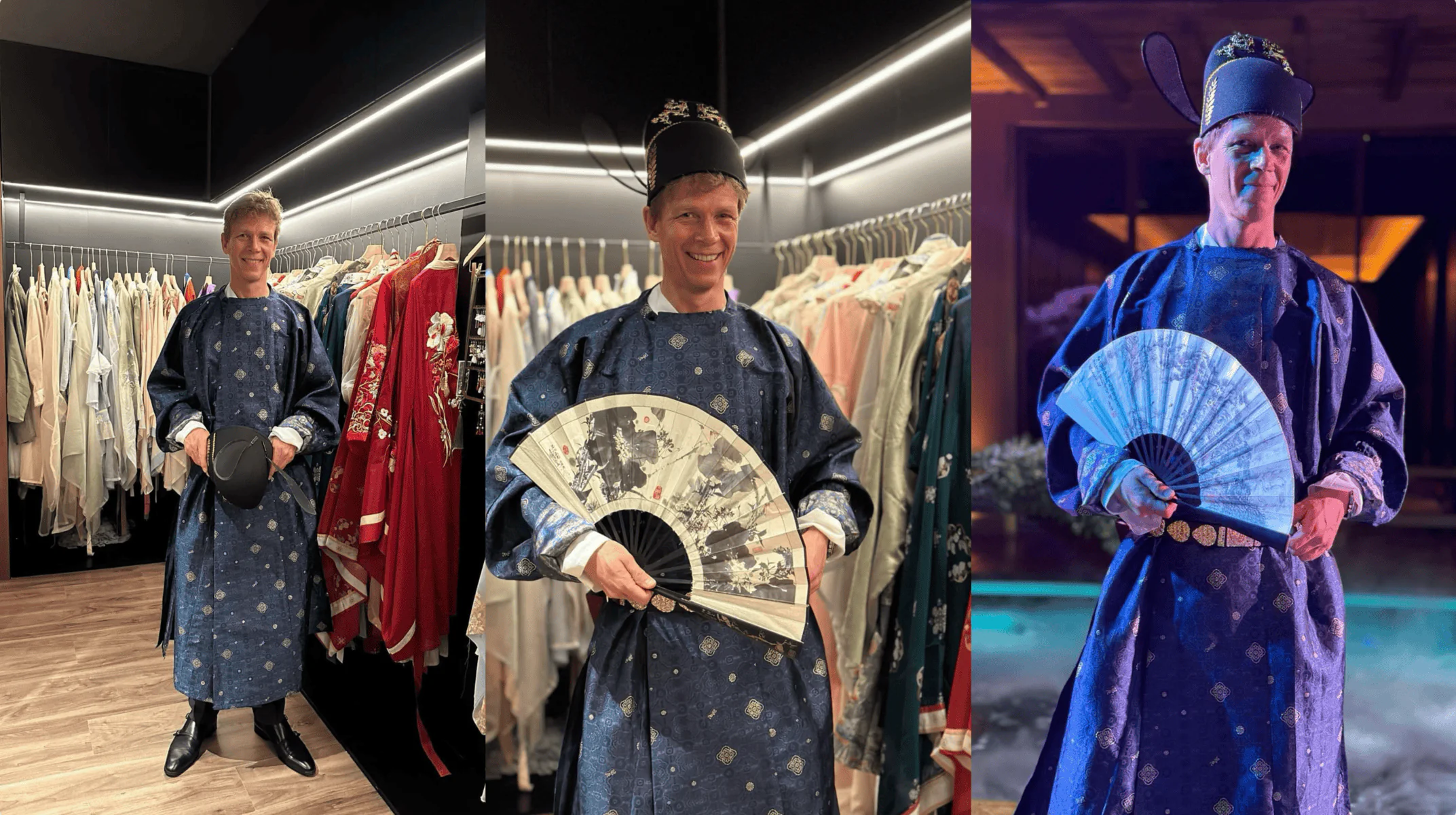 Hanfu Photoshoot, chinese traditonal dress-up, song dynasty, beijing, male, solo, china tour, Man in blue traditional robe posing among racks of garments in a store, holding a hat in front.
