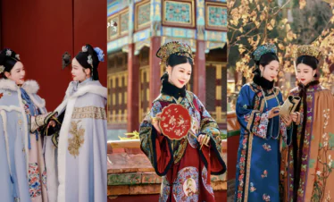 Hanfu Photoshoot, chinese traditonal dress-up, qing dynasty, beijing, female, china tour, Three women in ornate traditional Chinese outfits and elaborate headdresses posing in a historic palace setting.