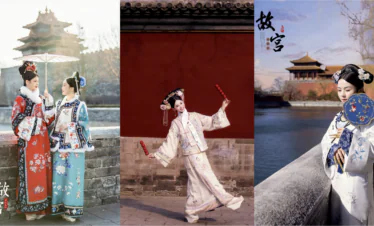 Hanfu Photoshoot, the forbidden city, chinese traditonal dress-up, qing dynasty, beijing, female, china tour, Three women in ornate traditional Chinese hanfu posing in historic settings: left two under a parasol beside a stone wall, center dancer in pale pink against a red backdrop, right woman holding a blue embroidered fan near a temple by the water