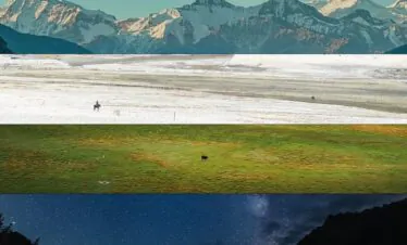 north xinjiang, western china, china tour, Collage of broad landscapes in horizontal bands: mountains, deserts, glaciers, salt flats, grasslands, night sky, red canyon, and reflective pools viewed in one image.