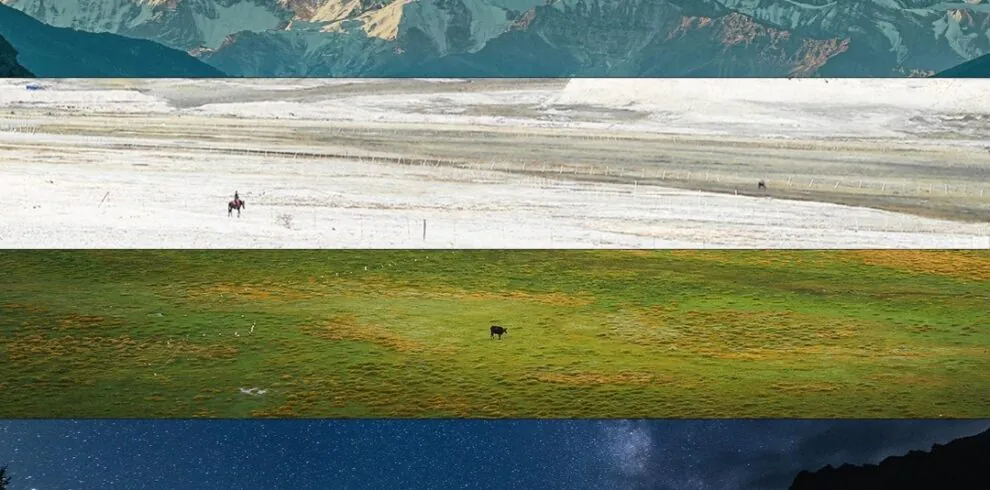 north xinjiang, western china, china tour, Collage of broad landscapes in horizontal bands: mountains, deserts, glaciers, salt flats, grasslands, night sky, red canyon, and reflective pools viewed in one image.