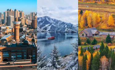 north xinjiang, western china, china tour, City skyline with domed towers and modern high-rises under a blue sky (informative urban scene)