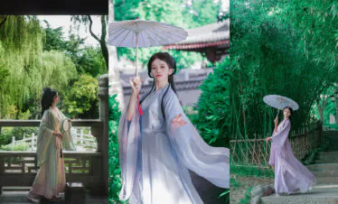 hanfu photoshoot, xi'an, female, solo, china tour, Woman in flowing pastel Hanfu holding a white parasol in a serene garden with stone railing and trees in the background (triptych collage).