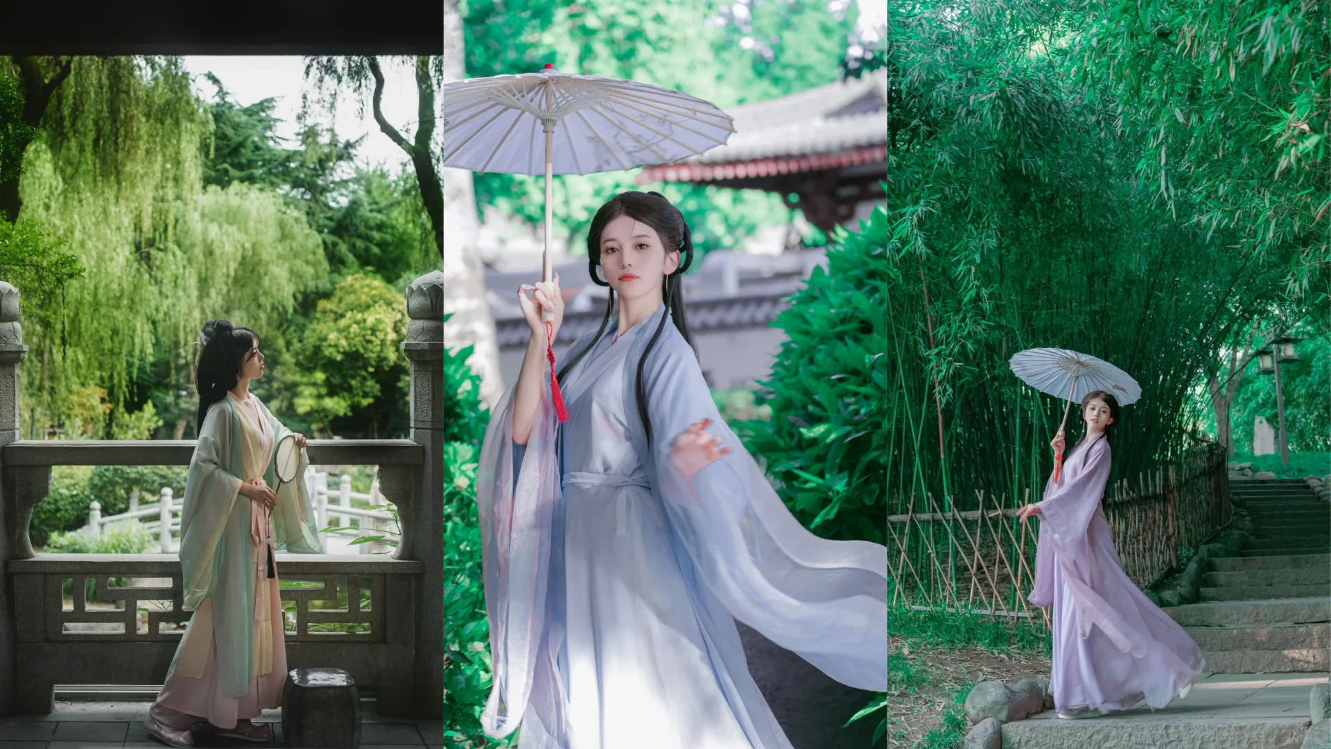 hanfu photoshoot, xi'an, female, solo, china tour, Woman in flowing pastel Hanfu holding a white parasol in a serene garden with stone railing and trees in the background (triptych collage).