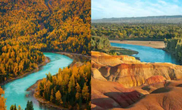 north xinjiang, western china, china tour, Split image of two landscapes: left an autumn forest along a turquoise river, right colorful sandstone hills beside a blue river.