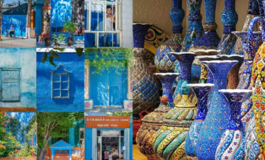 north xinjiang, western china, china tour, Collage of bright blue city scenes and an ornate display of blue and patterned ceramic vases and bowls.