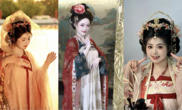 Xi’an Hanfu Photoshoot, chinese traditonal dress-up, china tour, Three women wearing elaborate Qing dynasty–style costumes and ornate headdresses in different poses.