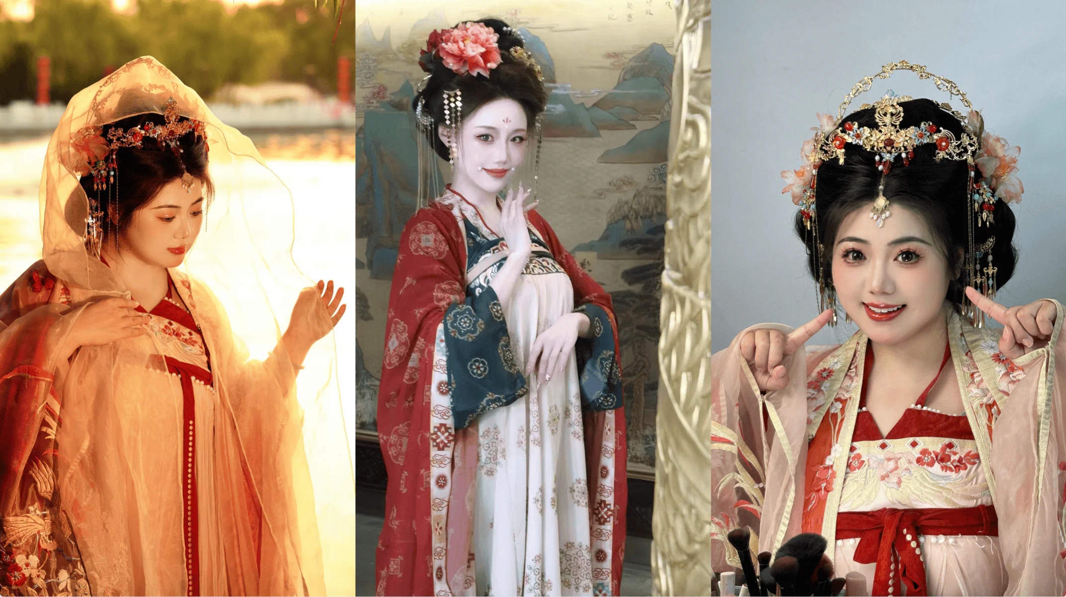 Xi’an Hanfu Photoshoot, chinese traditonal dress-up, china tour, Three women wearing elaborate Qing dynasty–style costumes and ornate headdresses in different poses.