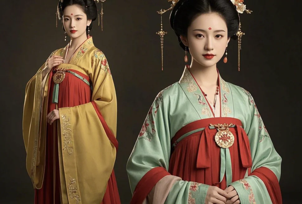 hanfu, chinese traditonal clothing, chinaexplorertour, Two women in traditional Chinese hanfu with elaborate hairpieces and jewelry, posed against a dark studio backdrop.