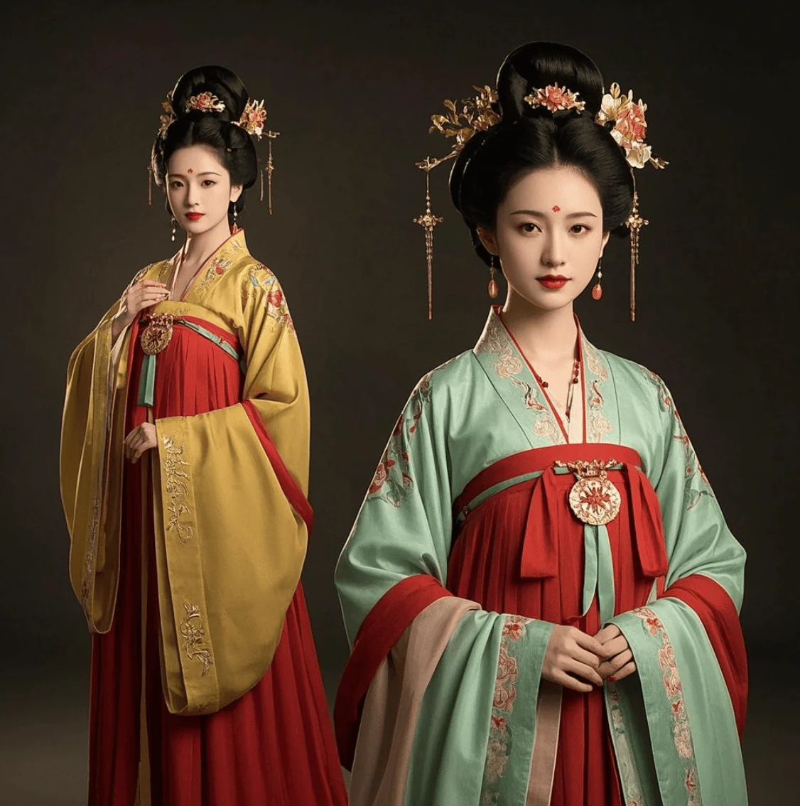 hanfu, chinese traditonal clothing, chinaexplorertour, Two women in traditional Chinese hanfu with elaborate hairpieces and jewelry, posed against a dark studio backdrop.