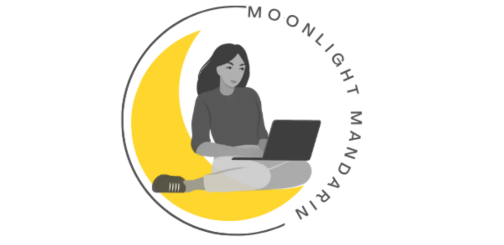 Moonlight Mandarin logo: a woman sits with a laptop on a yellow crescent moon inside a circular frame.