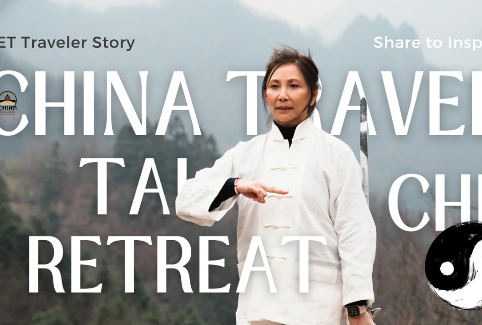 Wudang Tai Chi Retreat, hubei, china, chinaexplorertour, Person in a white traditional outfit stands in misty mountains with bold 'CHINA TRAVEL RETREAT' text across the image; yin-yang logo bottom right.