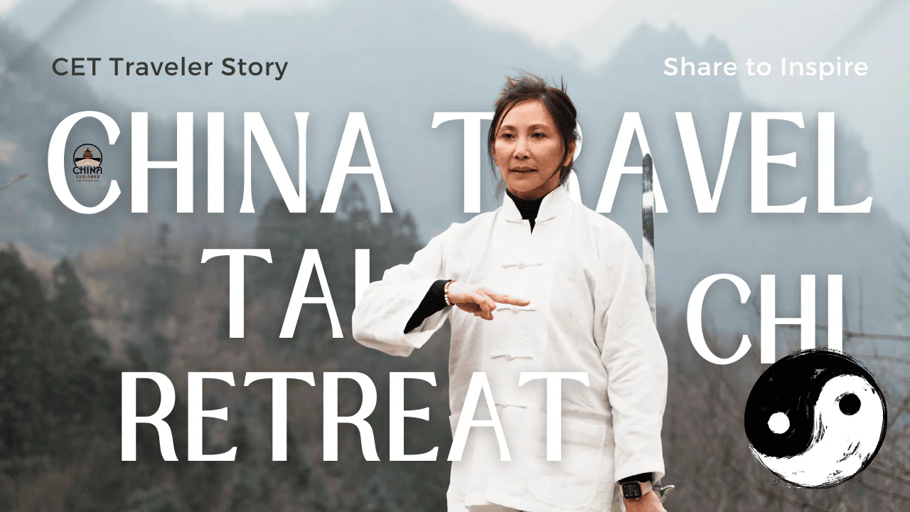 Wudang Tai Chi Retreat, hubei, china, chinaexplorertour, Person in a white traditional outfit stands in misty mountains with bold 'CHINA TRAVEL RETREAT' text across the image; yin-yang logo bottom right.