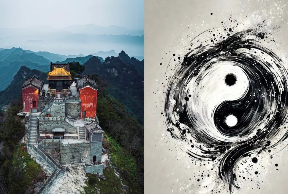 wudang mountain, taichi retreat, taoist, yinyang, hubei, china, chinaexplorertour, A traditional Chinese temple perched on a rocky mountainside with misty blue peaks in the background (split image left). The right shows a bold black ink swirl abstract art on a gray background.