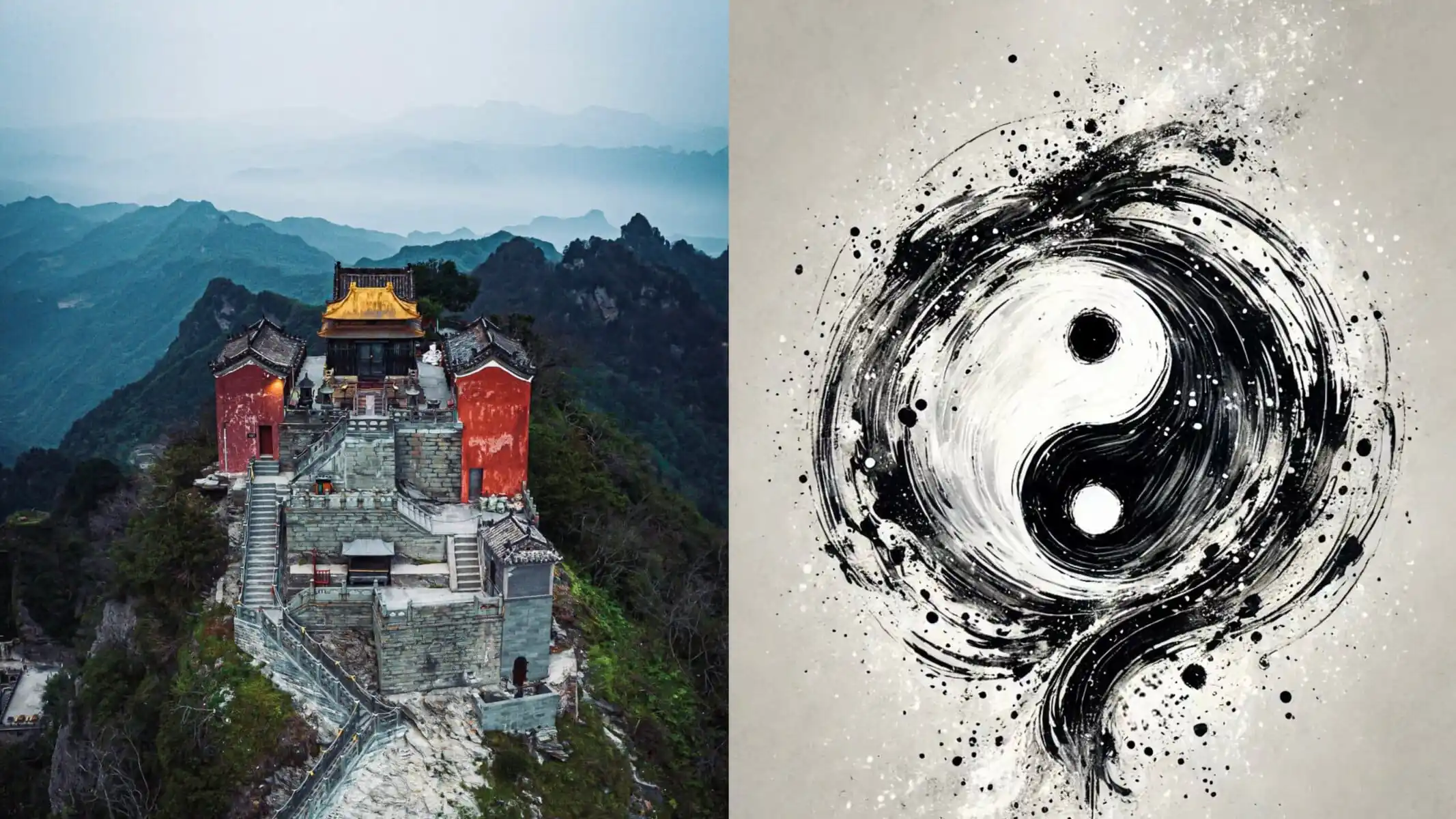 wudang mountain, taichi retreat, taoist, yinyang, hubei, china, chinaexplorertour, A traditional Chinese temple perched on a rocky mountainside with misty blue peaks in the background (split image left). The right shows a bold black ink swirl abstract art on a gray background.