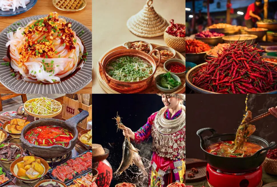 Guizhou’s Gastronomy, chinaexplorertour, Collage of Asian foods: chili noodles, hot pot, peppers, and a bustling street market scene with traditional-dress performer nearby.