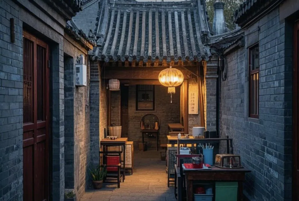 hutong, beijing, china, chinaexplorertour, Cozy open-air Chinese courtyard restaurant at dusk, warm lantern light over wooden tables and chairs in a brick alleyway.
