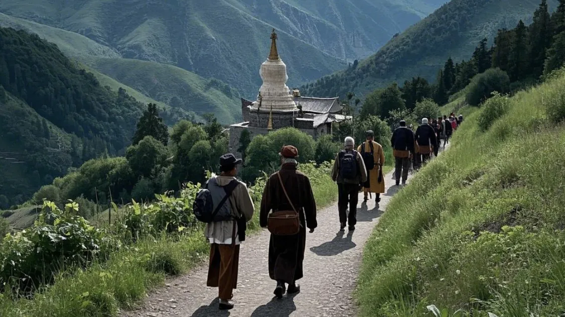 wutai mountain, shanxi, china, chinaexplorertour, Group of hikers with backpacks walks a stone path through green hills toward a distant white pagoda-stupa temple.