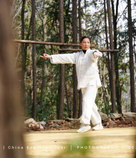 Wudang Tai Chi Retreat, hubei, china, chinaexplorertour, Person in white traditional martial arts attire practicing a Tai Chi stance in a forest, seen through foreground trees